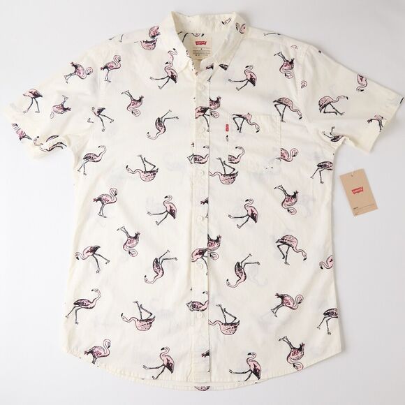 Levi’s Men’s Medium Ivory Flamingo Shirt Cotton Short Sleeve Button Down Summer - Picture 9 of 9